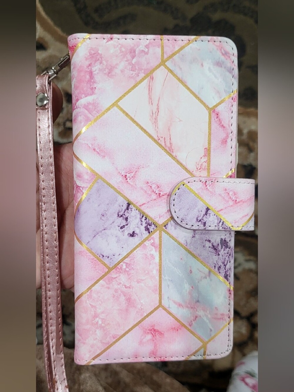 Pink Marble Geometric Zipper Wallet Phone Case with Wristlet Strap